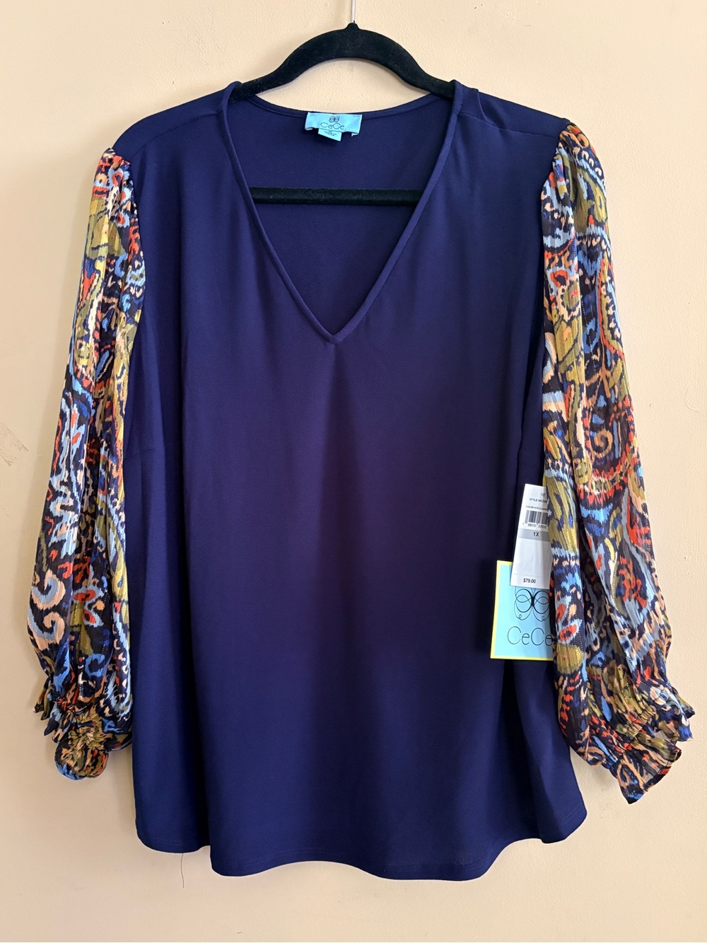 CeCe Deep Navy V-Neck Blouse with Multicolor Print Sheer Sleeves 1X